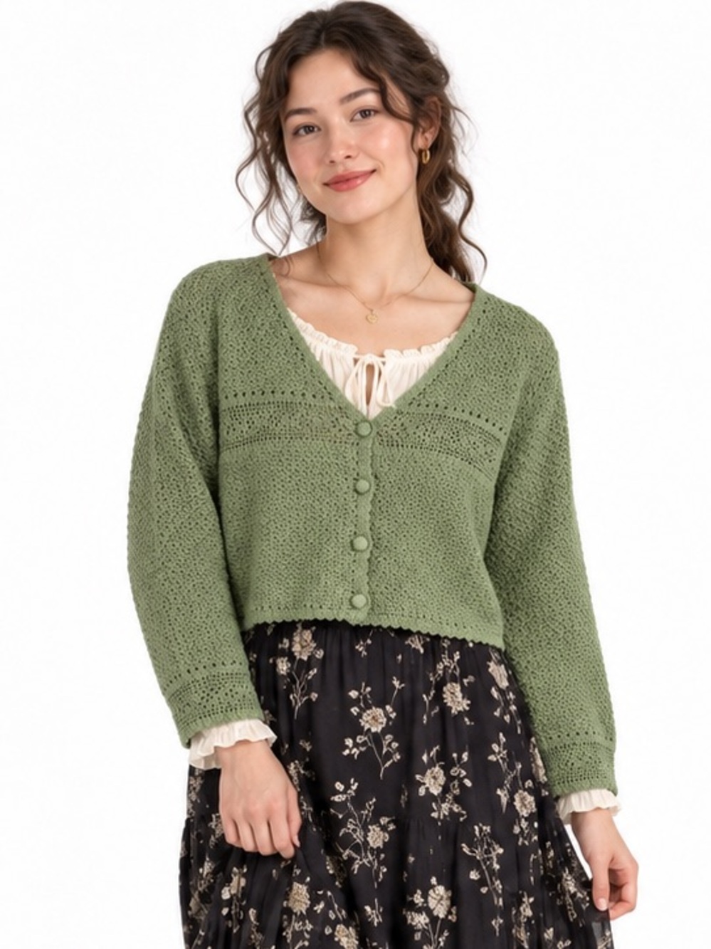 Vintage Y2K April Cornell Green Crochet Cotton Cropped Cardigan Small